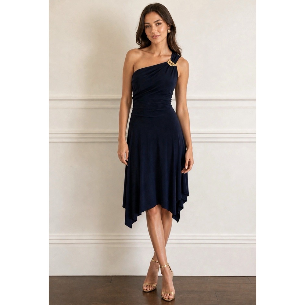 Y2K Cache One Shoulder Asymmetric Dress Gold Snake Brooch Navy Blue Size 6